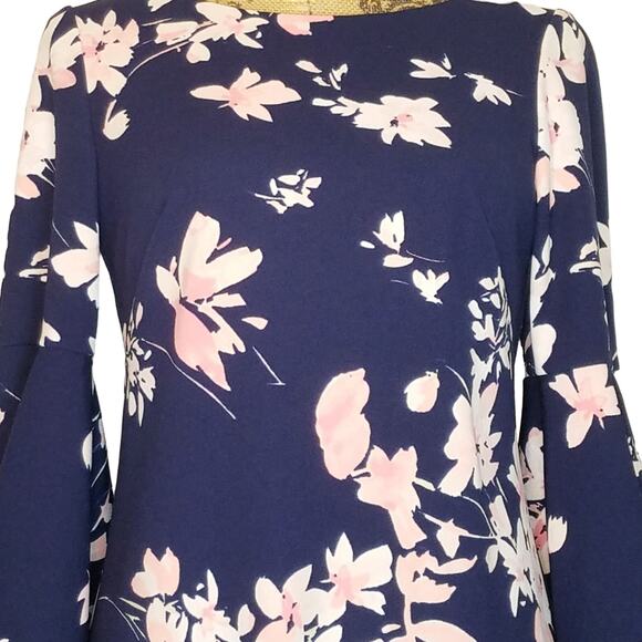 Eliza J Dress Blue with Pink & White Flowers Bell Sleeve size 4 - Picture 4 of 9